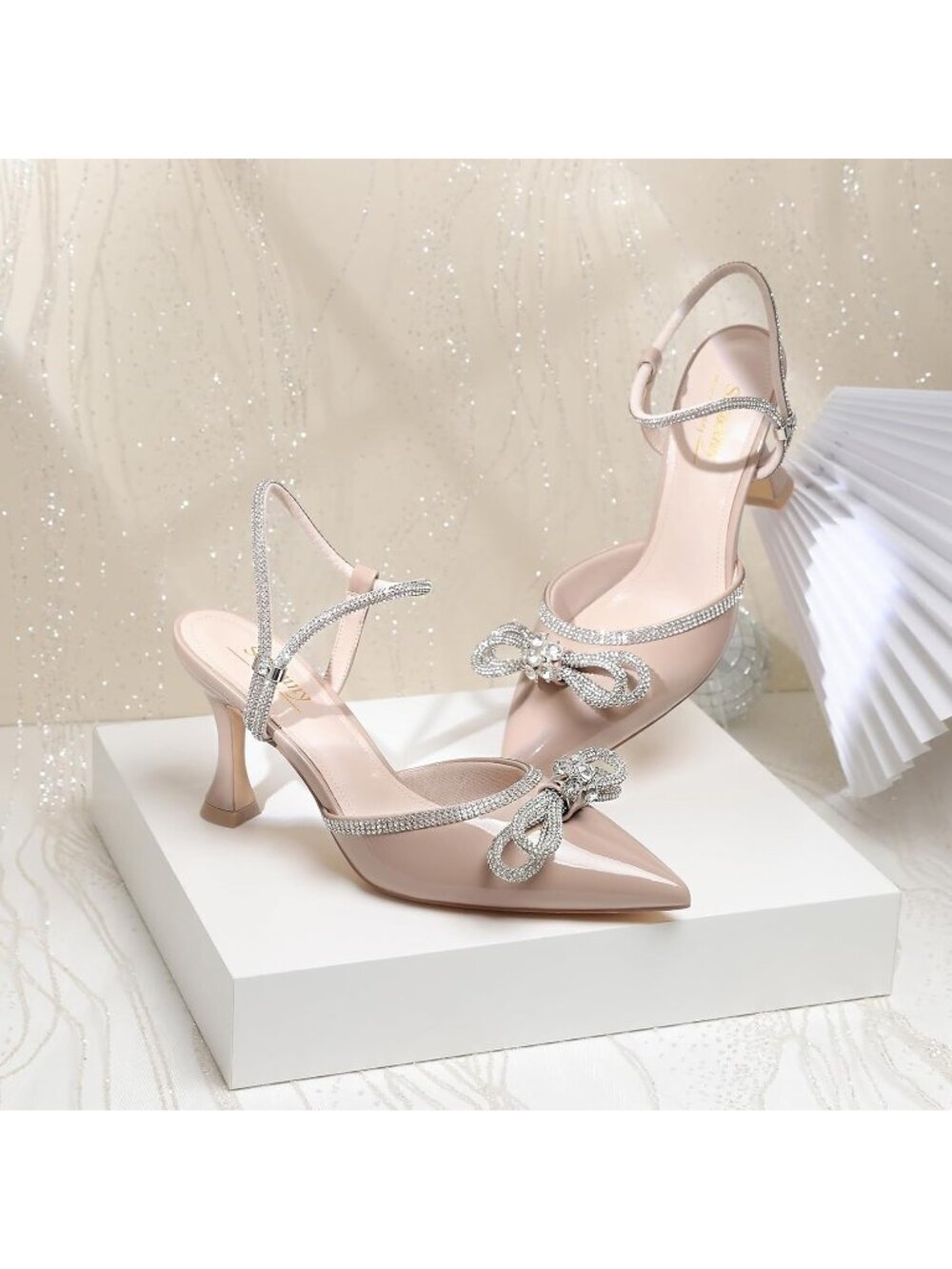 Women's Nude Patent Closed Toe Rhinestone Low Slingback Shoes Kitten Heels - Picture 3 of 7